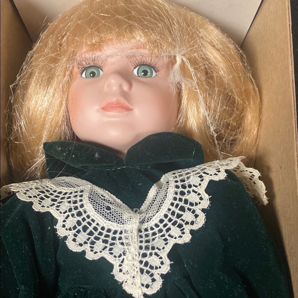Haunted 90s Doll in Green Velvet Dress With Lace Collar
